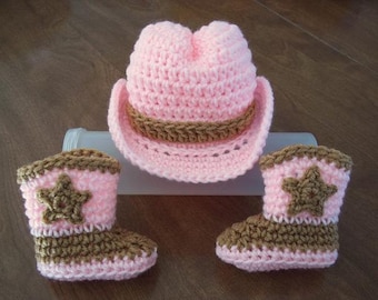 COWGIRL baby Hat & Boots, FREE SHIP brown pink Newborn to 3 months crochet Photo Prop Custom cowboy girl Halloween