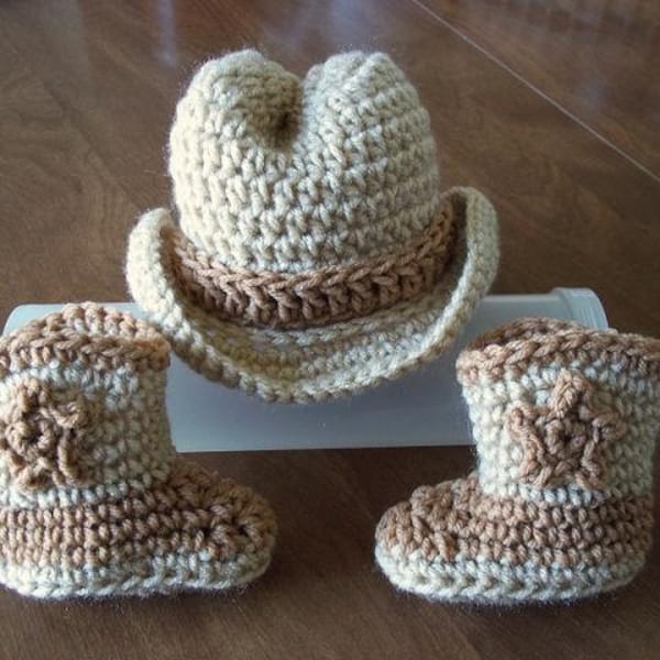 COWBOY baby Hat & Boots, FREE SHIP Tan Warm Brown Newborn to 3 months crochet Photo Prop Custom boy girl