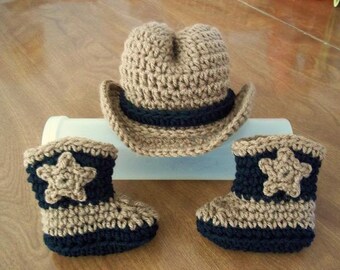 COWBOY baby Hat & Boots, brown black Newborn to 3 months crochet PHOTO PROP Custom boy girl