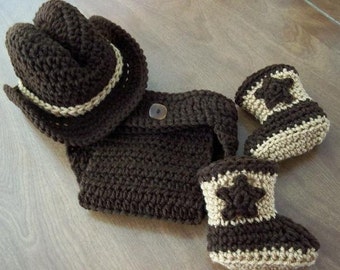 COWBOY 4 Piece Set baby Hat Boots Diaper Cover, coffee and warm brown, Newborn - 3 months crochet PHOTO PROP Custom boy girl