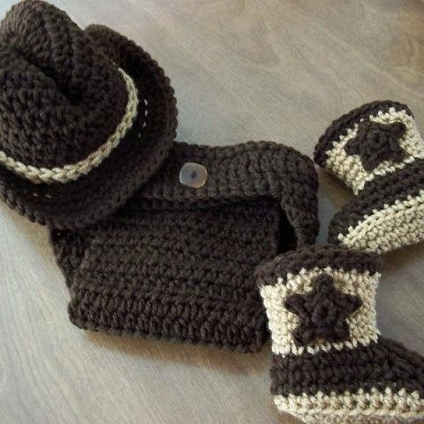 COWBOY 4 Piece Set baby Hat Boots Diaper Cover, coffee and warm brown, Newborn - 3 months crochet PHOTO PROP Custom boy girl