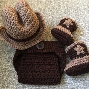 COWBOY 4 Piece Set baby Hat Boots Diaper Cover, coffee and cafe, Newborn - 3 months crochet PHOTO PROP Custom boy girl