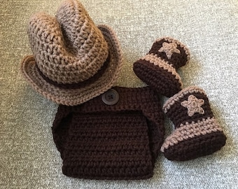COWBOY 4 Piece Set baby Hat Boots Diaper Cover, coffee and cafe, Newborn - 3 months crochet PHOTO PROP Custom boy girl