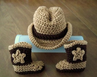 COWBOY baby Hat & Boots, FREE SHIPPING brown Newborn to 3 months crochet Photo Prop Custom boy girl