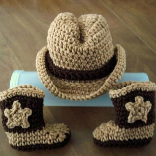 COWBOY baby Hat & Boots, FREE SHIPPING brown Newborn to 3 months crochet Photo Prop Custom boy girl