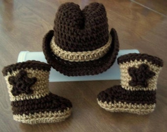 Crocheted COWBOY baby Hat & Boots, FREE SHIP coffee brown Newborn to 3 months Photo Prop Custom boy girl