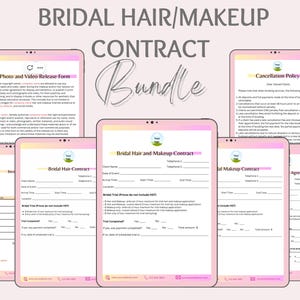 Może przedstawiać: Zestaw pięciu cyfrowych dokumentów w kolorze różowym i białym z tytułem "Bridal Hair/Makeup Contract Bundle". Dokumenty zawierają formularz zgody na zdjęcia i filmy, politykę anulowania i trzy różne umowy dotyczące usług fryzjerskich i makijażu dla panny młodej.