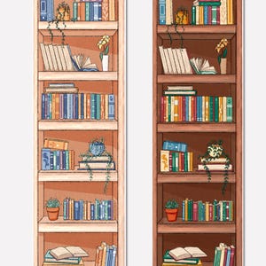 May include: Two vertical bookshelf illustrations. One is light brown, the other is dark brown. Each shelf is filled with colorful books, potted plants, and decorative items. The books are of various sizes and colors, creating a cozy, inviting atmosphere.