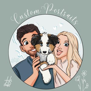 Custom Portraits - Illustrated family, cartoon drawing with pets, self portrait, couple, wedding day, custom group drawing