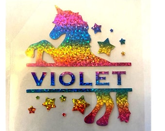 Personalized Glitter Unicorn Iron On Decal with matching mini name decal!