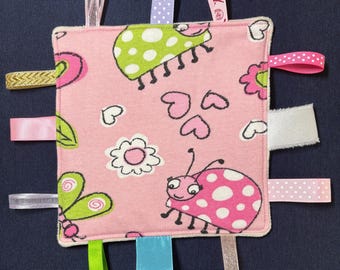 Small Baby Soft Sensory Tag Blanket - Pink Ladybug or Fox Mom design