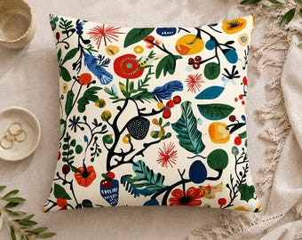 Colorful botanical decorative cushion – flowers, leaves & berries on cream