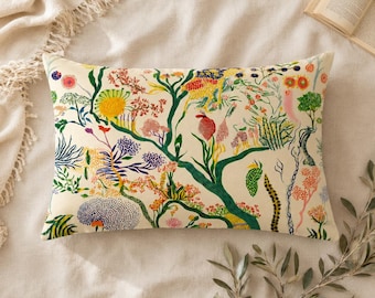 Rectangular botanical decorative cushion – colorful floral pattern on cream