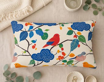 Rectangular bird decorative cushion – colorful cushion with birds, leaves & twigs