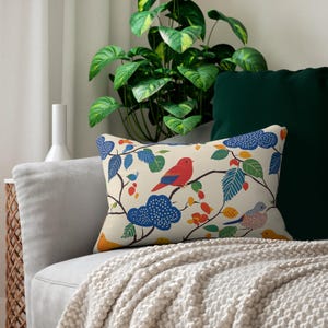 cojín hecho a mano con motivo de pájaros, cojín decorativo rectangular, cojín decorativo, decoración boho para salones, inspirado en Josef Frank