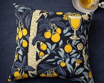 Dark blue lemon decorative cushion – Mediterranean citrus pattern in blue & yellow
