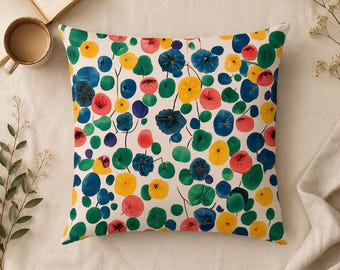 Colorful floral decorative cushion – abstract floral pattern in blue, green, yellow & pink