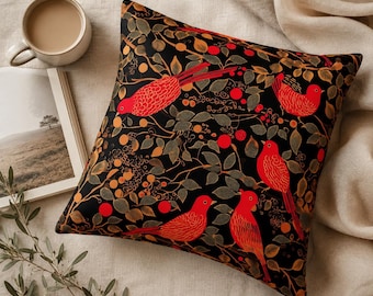 Black bird decorative cushion – red birds & botanical pattern, maximalist home accent