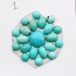 May include: A collection of nineteen oval and round turquoise cabochons arranged in a floral pattern on a white square card marked with the number 1. The stones display various shades of blue and green with natural dark matrix veining throughout.