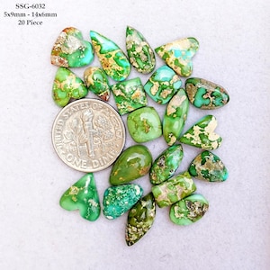 May include: A collection of twenty green and turquoise gemstones with brown matrix patterns. The gemstones vary in shape and size, ranging from approximately 5x9mm to 14x6mm. A US dime is included for size reference. The text "SSG-6032 5x9mm - 14x6mm 20 Piece" is visible.