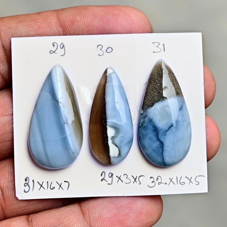 May include: Three teardrop-shaped blue and brown cabochons labeled 29, 30, and 31 on a white card. The stones feature smooth, polished surfaces with distinct color variations. Handwritten measurements in millimeters are listed below each stone.