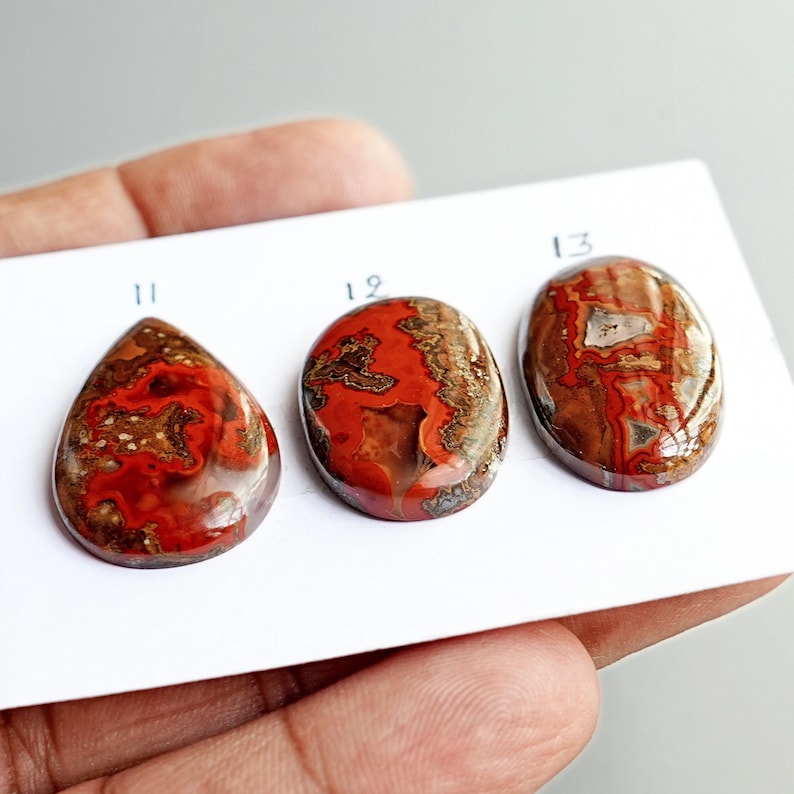 May include: Three polished cabochon gemstones with red, brown, and cream swirling patterns. The stones are labeled 11, 12, and 13 on a white card. The first is teardrop-shaped, while the second and third are oval-shaped, all featuring smooth, glossy surfaces.