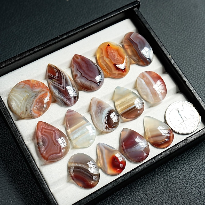 K&ouml;nnte beinhalten: Eine Sammlung polierter, mehrfarbiger Achat-Cabochons in verschiedenen Formen, darunter tropfenf&ouml;rmig und oval, angeordnet in einer schwarzen Pr&auml;sentationsbox mit wei&szlig;em Einsatz. Eine M&uuml;nze liegt daneben als Gr&ouml;&szlig;envergleich.