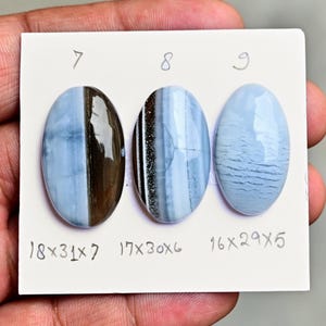 May include: Three oval-shaped cabochon gemstones labeled 7, 8, and 9 on a white card. Gemstone 7 is light blue and dark brown, measuring 18x31x7 mm. Gemstone 8 is blue with dark bands, measuring 17x30x6 mm. Gemstone 9 is light blue, measuring 16x29x5 mm.
