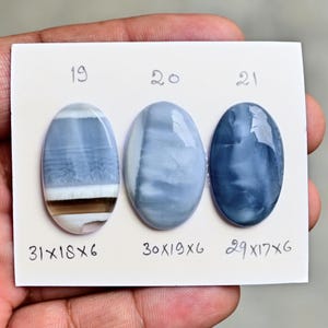 May include: Three oval-shaped blue gemstones labeled 19, 20, and 21. The first stone has horizontal bands of light blue, white, and dark brown. The second is a solid pale blue, and the third is a deep mottled blue. Dimensions are 31x18x6, 30x19x6, and 29x17x6 mm.