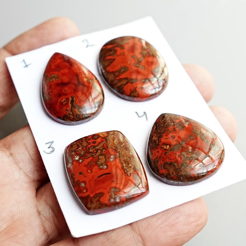 May include: Four polished cabochon gemstones with a vibrant red and brown mottled pattern. The stones are arranged on a white card labeled with the numbers 1, 2, 3, and 4. Each stone features a smooth, glossy surface with unique organic inclusions.