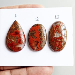 May include: Three polished cabochon gemstones arranged on a white card. The left stone is teardrop-shaped, while the center and right stones are oval. Each features intricate patterns of deep red, brown, and translucent white mineral inclusions.