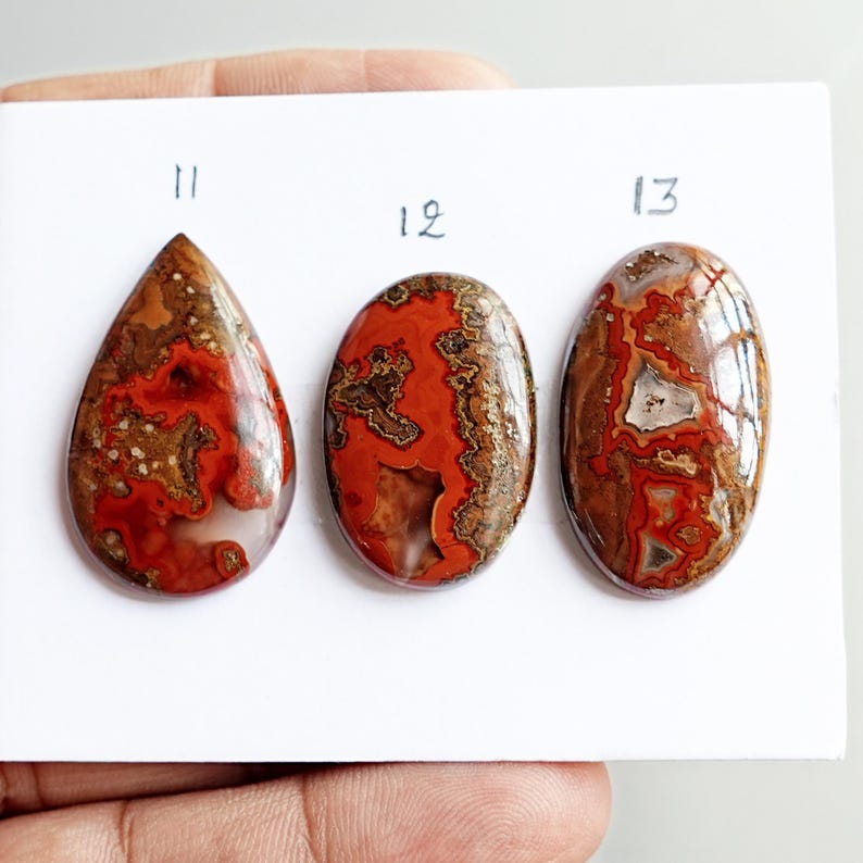 May include: Three polished cabochon gemstones arranged on a white card. The left stone is teardrop-shaped, while the center and right stones are oval. Each features intricate patterns of deep red, brown, and translucent white mineral inclusions.