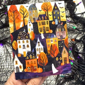 Haunted Village Halloween Card Set, Spooky Fall Greeting Cards, Cozy Ghost Greeting Cards| Pumpkin Season Card Pack