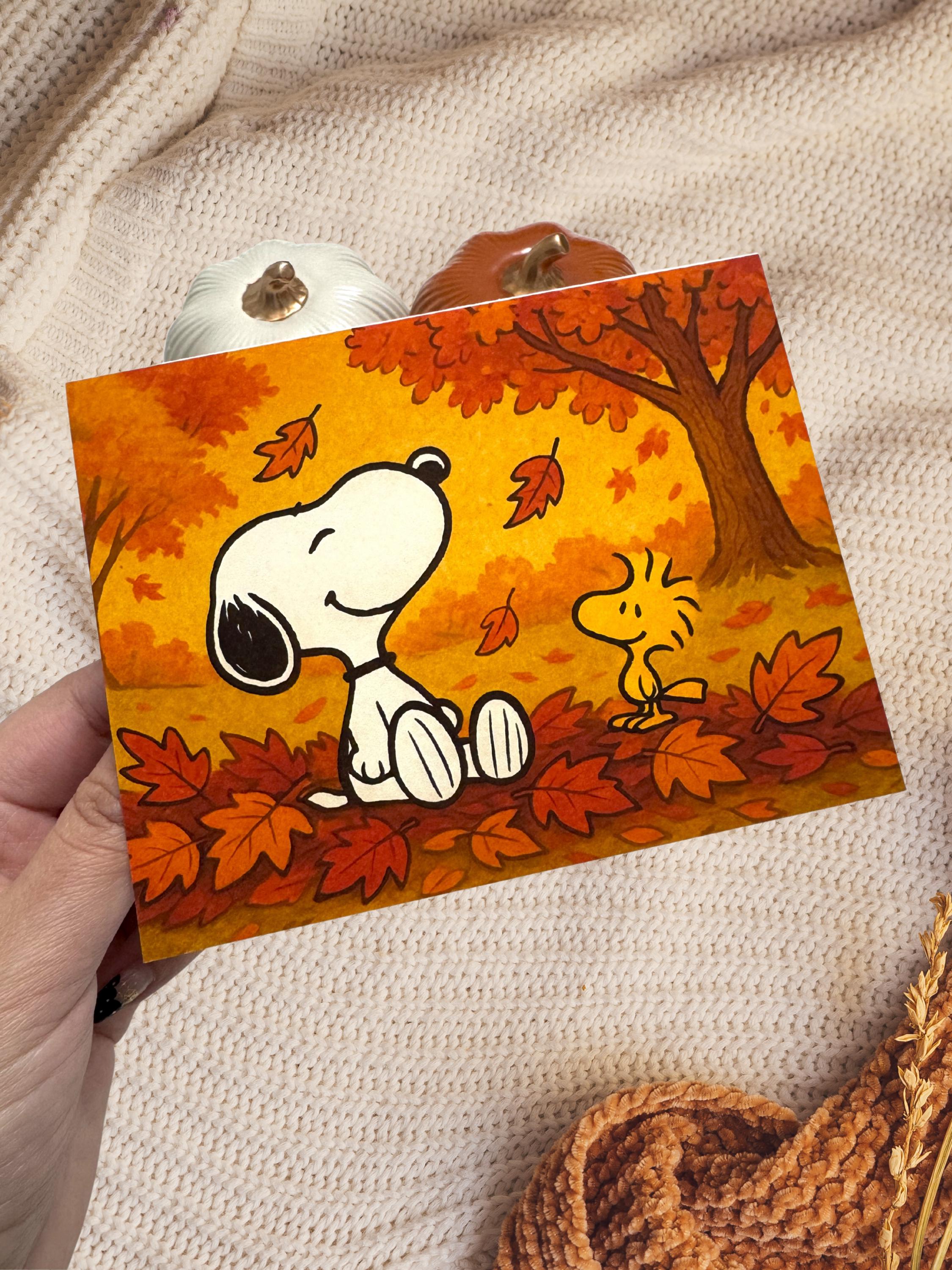Snoopy Fall Pattern Snoopy Fall Greeting Card, Cozy Autumn Card, Woodstock and Snoopy Card ...
