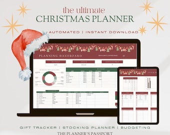 May include: A digital Christmas planner with a red and green color scheme. The planner includes sections for budgeting, gift tracking, and stocking planning. The text "the ultimate CHRISTMAS PLANNER" is at the top of the planner. The text "AUTOMATED | INSTANT DOWNLOAD" is below the title. The text "PLANNING DASHBOARD" is at the top of the first page. The text "DATE UNTIL CHRISTMAS" is at the top of the second page. The text "GIFTS TO BUY" is at the top of the third page. The text "GIFT TRACKER | STOCKING PLANNER | BUDGETING" is at the bottom of the planner. The text "THE PLANNER'S PASSPORT" is below the previous text.