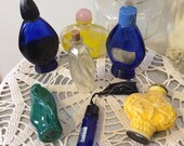 Vintage 50s Lot of Seven 7 Miniature Perfume Bottles Cobalt Blue Evening in Paris Carved Frosted Vanity Decor Perfume Gift for Her
