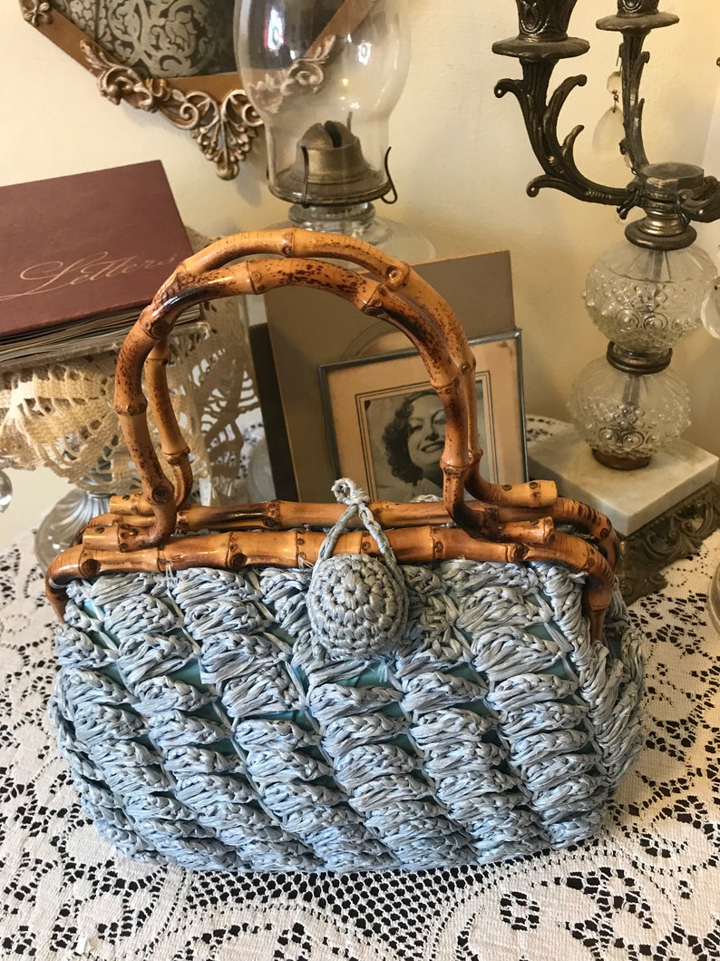 Vintage 60s Babette Pale Blue Rattan Ladies Straw Wicker Summer Beach Resort Handbag Gift for Her