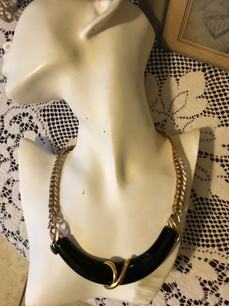 Vintage 80s Monet Signed Bold Heavy Gold Plated Link Black Enamel Ladies Necklace Choker Gift for Her