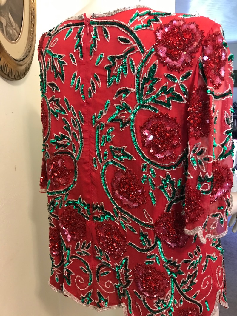 Vintage 70s Spectacular Ladies Green Red Silver Floral Deep V Heavy Sequin Beaded 100/% Silk Holiday Top Size Medium Gift for Her