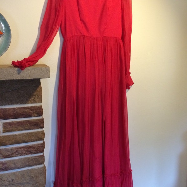 Vintage 60s Lorrie Deb Christmas  cherry Red retro old hollywood full skirt chiffon Gown size Medium