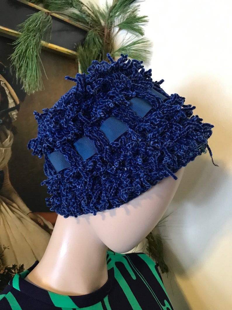 Fabulous Vintage 40s Cobalt Blue Chenille Satin Ribbon Ladies Hat Cocktail Hat Gift for Her