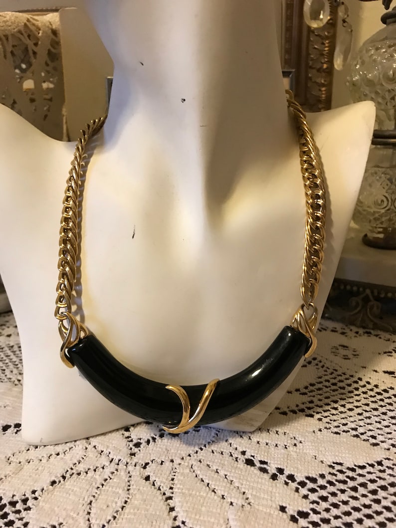 Vintage 80s Monet Signed Bold Heavy Gold Plated Link Black Enamel Ladies Necklace Choker Gift for Her