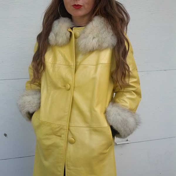 Stunning Vintage 60s Mod Lemon Yellow Leather Artic Fox Ladies Coat Size Medium Large