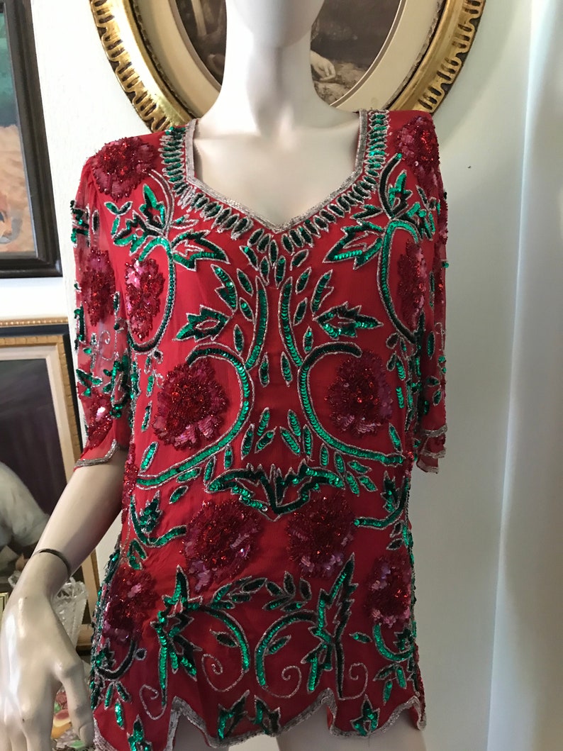 Vintage 70s Spectacular Ladies Green Red Silver Floral Deep V Heavy Sequin Beaded 100/% Silk Holiday Top Size Medium Gift for Her