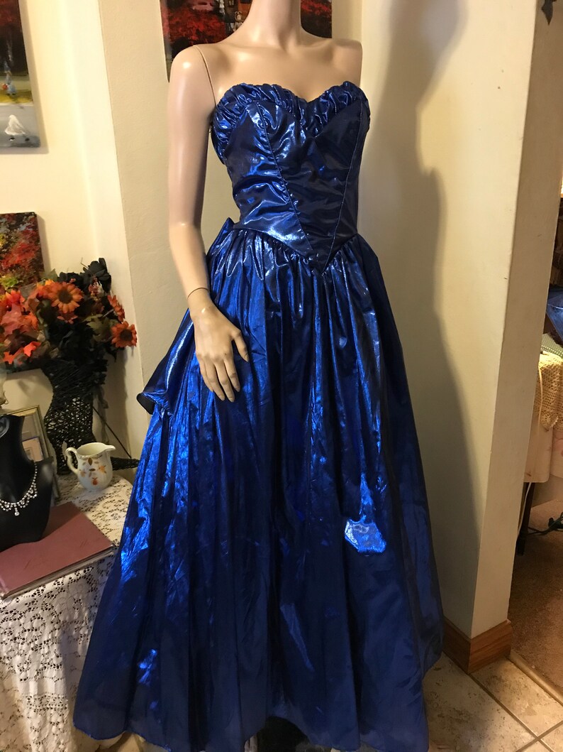 Ultimate Vintage 80s Metallic Blue Zum Zum Full Skirt Strapless Cocktail Ladies Evening Gown Dress Size Small