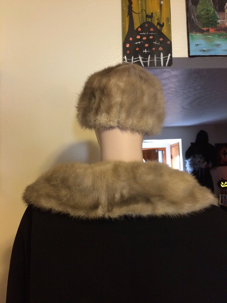 Vintage 50s Black Cashmere Wool Silver Grey Mink Matching Beret Ladies Swing Coat Size Medium Large