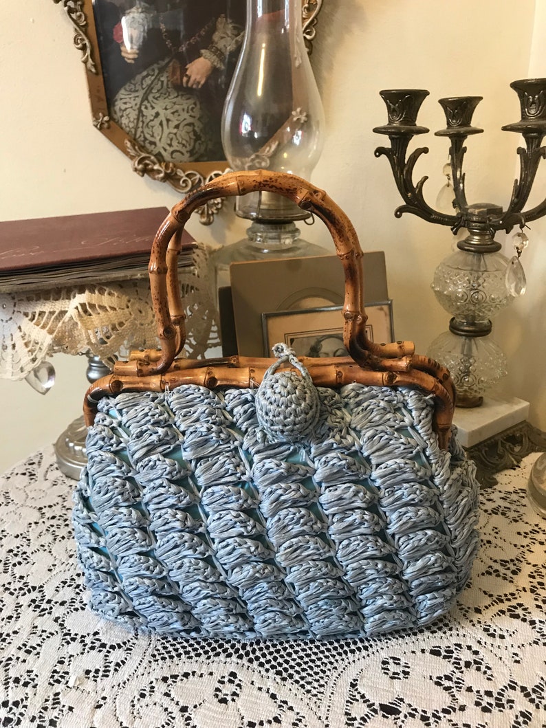 Vintage 60s Babette Pale Blue Rattan Ladies Straw Wicker Summer Beach Resort Handbag Gift for Her