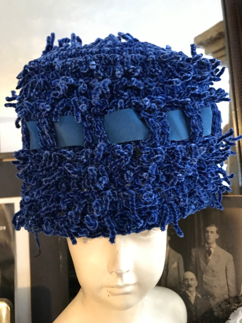 Fabulous Vintage 40s Cobalt Blue Chenille Satin Ribbon Ladies Hat Cocktail Hat Gift for Her