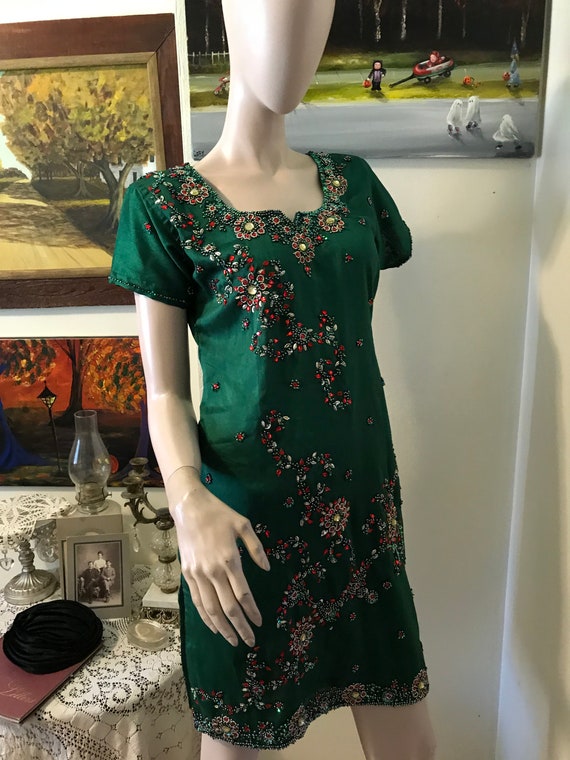 Vintage Stunning Green Silk Embellished Red Green… - image 1