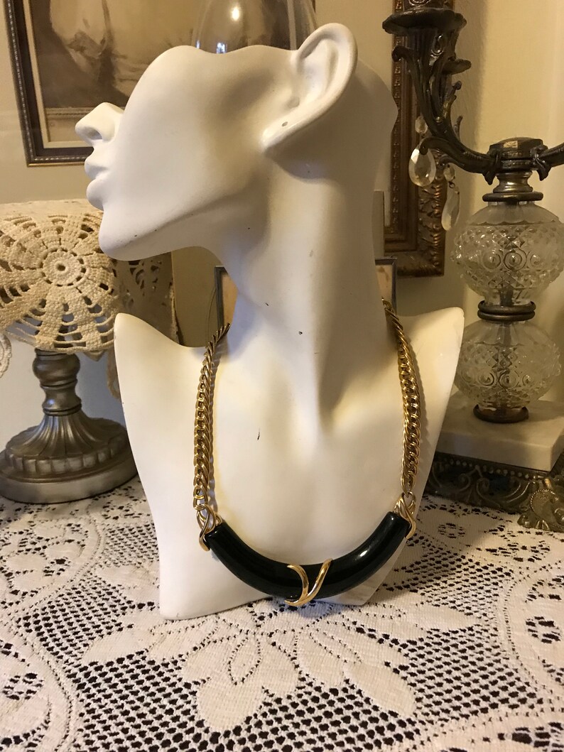 Vintage 80s Monet Signed Bold Heavy Gold Plated Link Black Enamel Ladies Necklace Choker Gift for Her